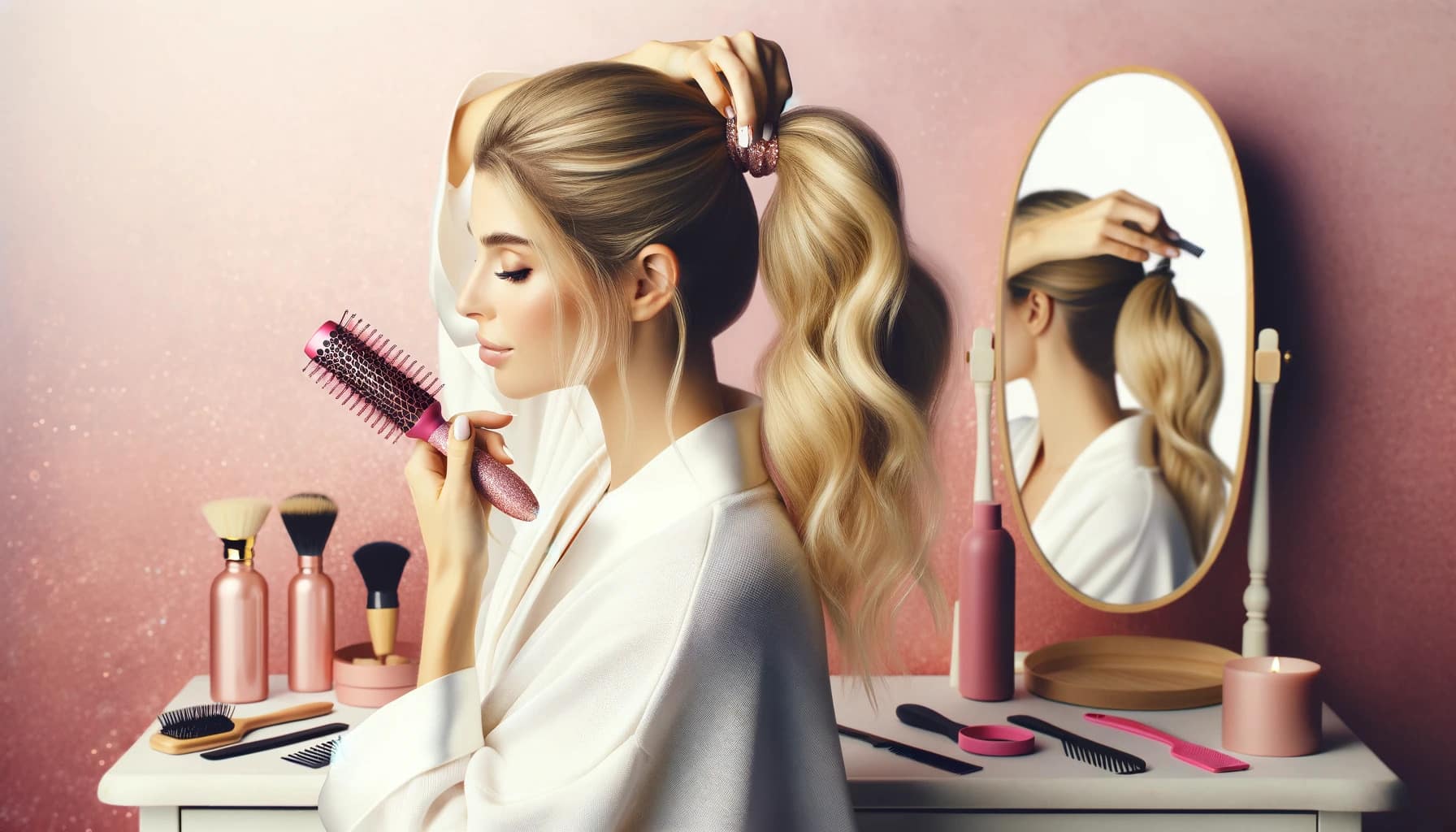 Beautiful blonde woman with her hair pulled back into a loose ponytail, sitting in front of a vanity mirror