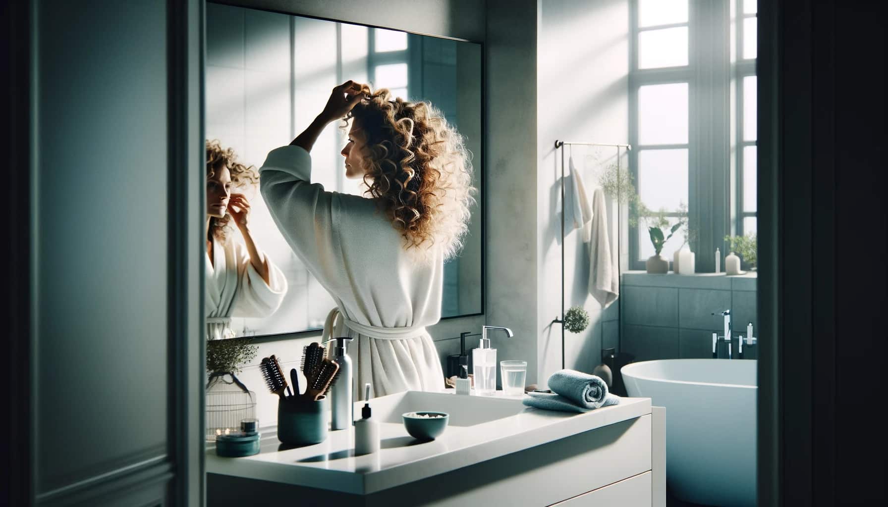 A woman with curly hair is standing in front of the mirror, styling her day two curls with her fingers.