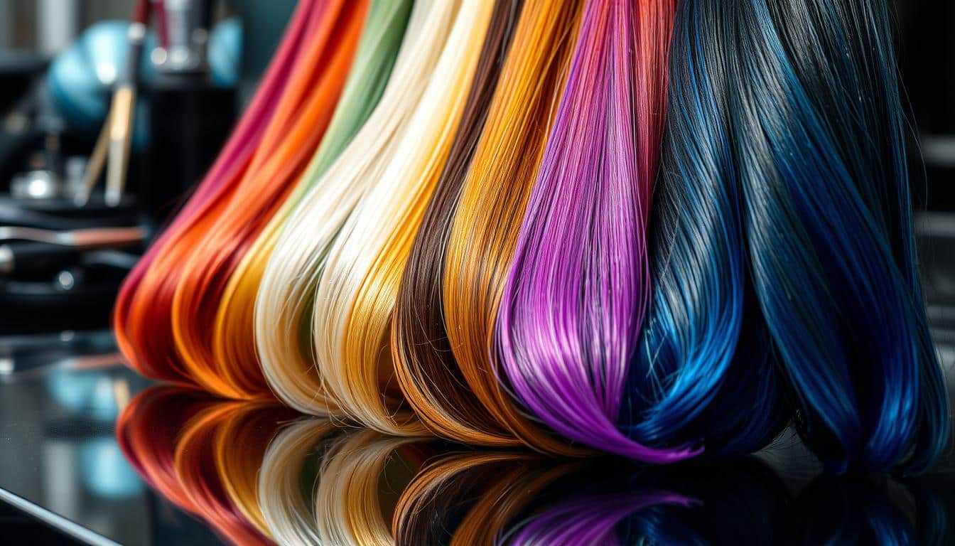 A vibrant color palette showcasing an array of hair strands, each representing different shades of permanent hair color, displayed on a sleek, glossy surface.