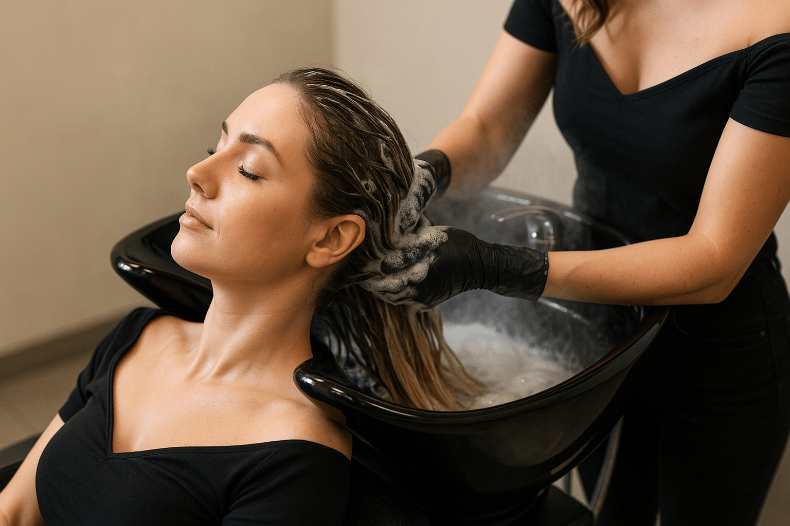 Woman with hair extensions getting it washed at a hair salon