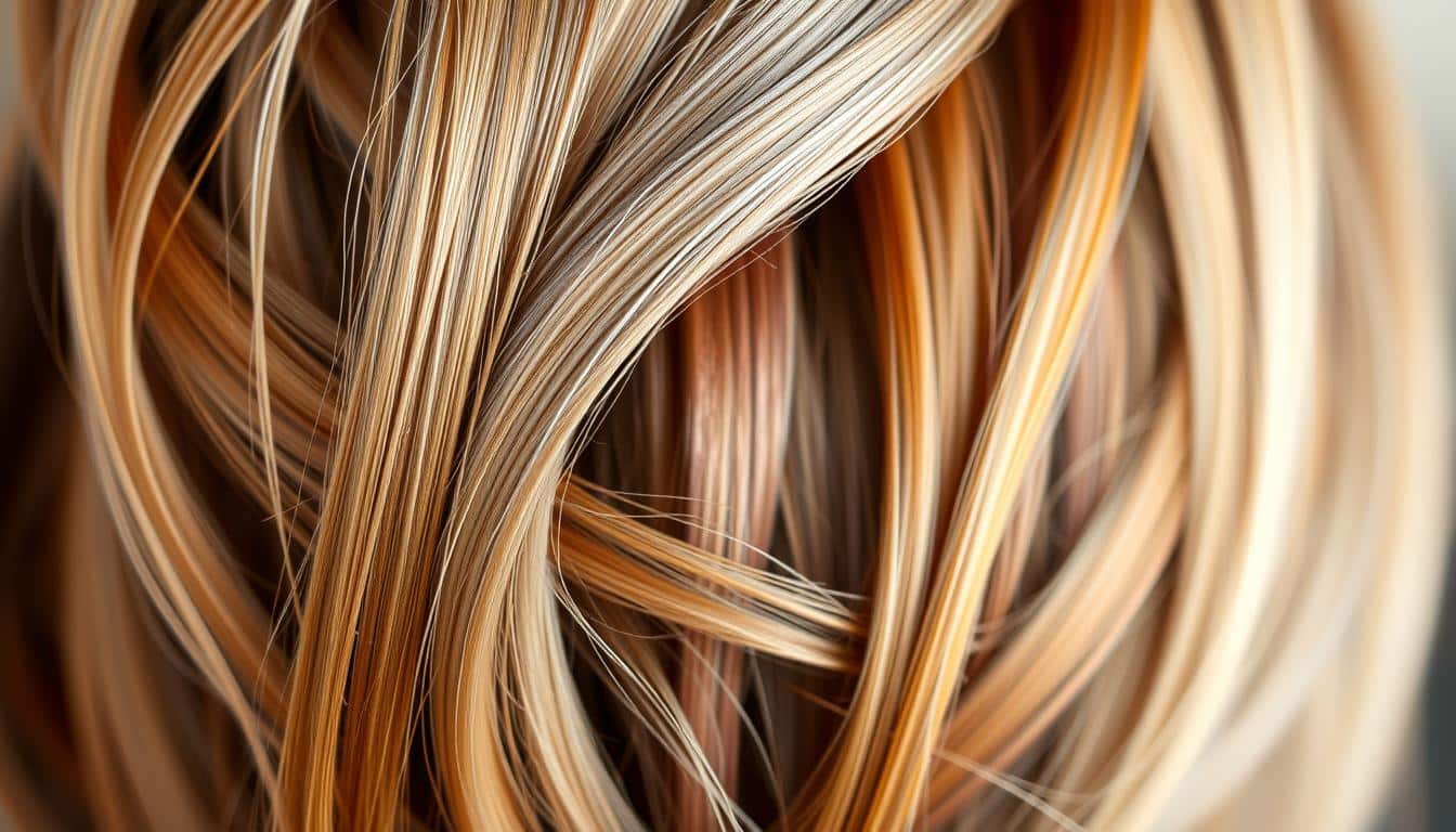 An up-close portrait of various hair strands showcasing different color-treated undertones