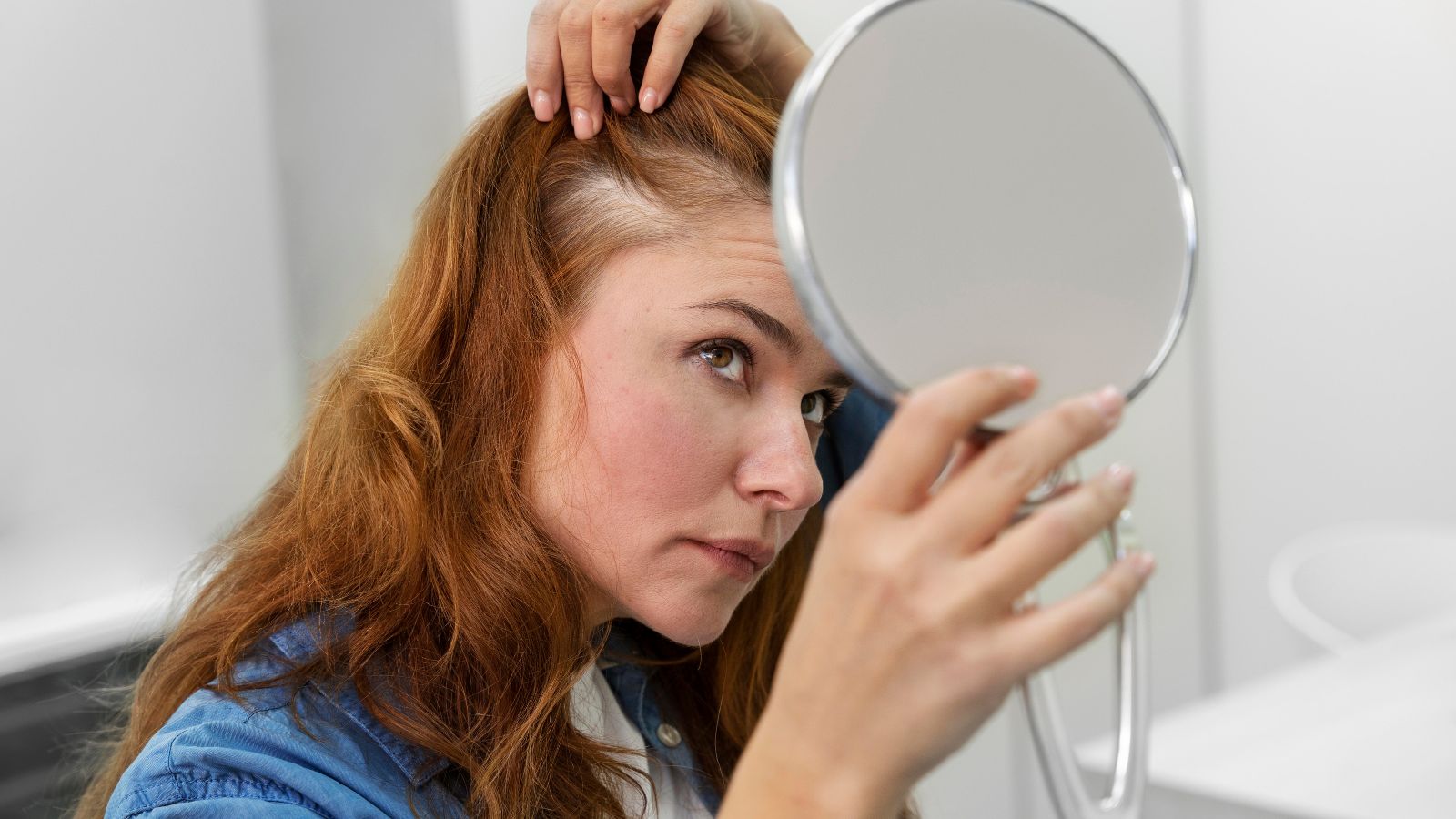 Woman losing hair looking in the mirror