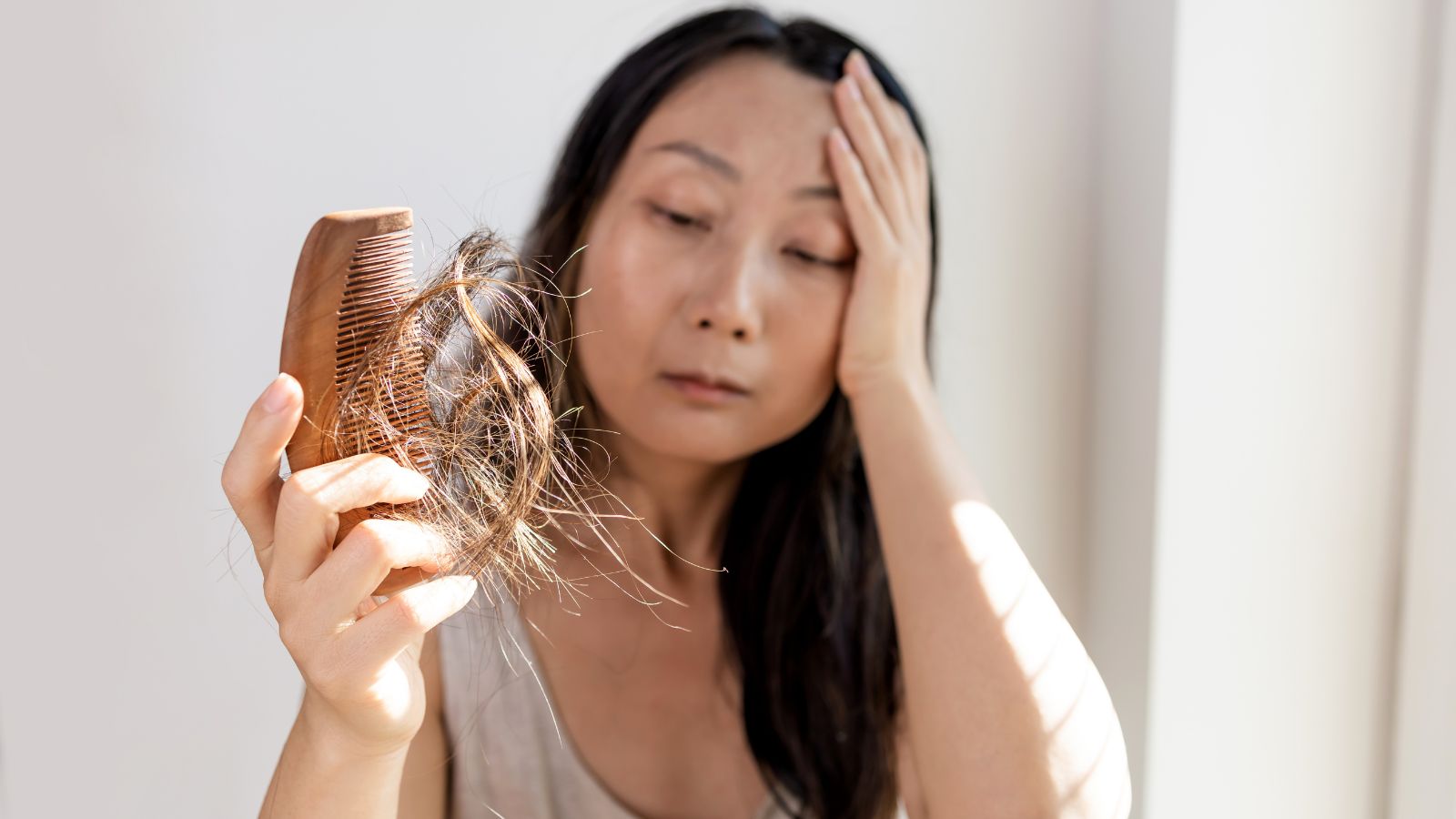 Woman with hair coming out on her brush