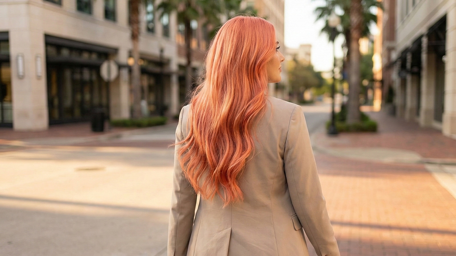 Woman with Bellini Hair Color Walking Through Houston