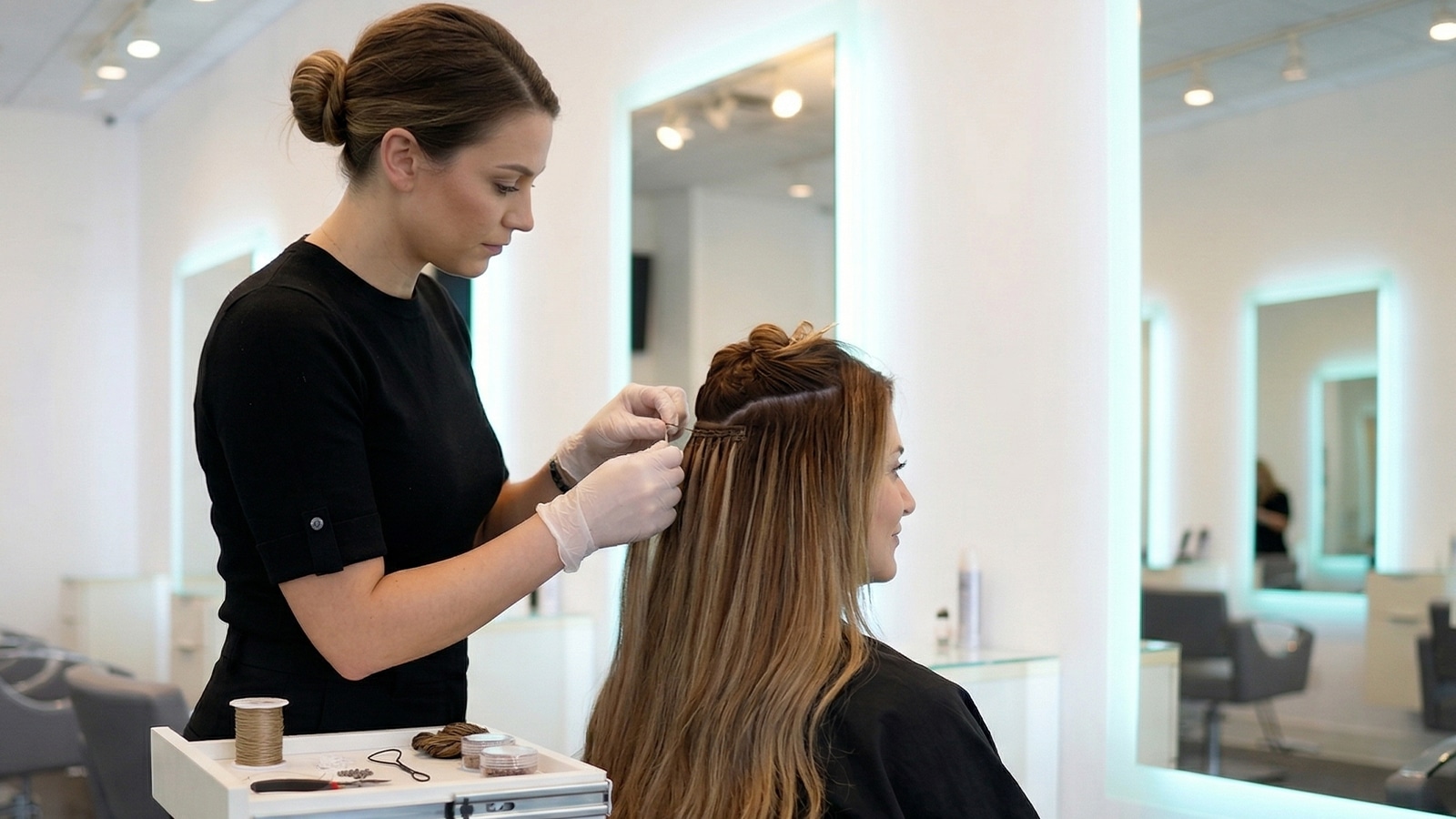 Woman applying natural hair wefts in Houston