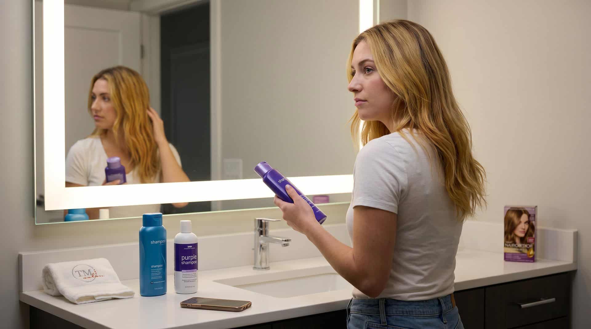 Woman at home with Purple Shampoo