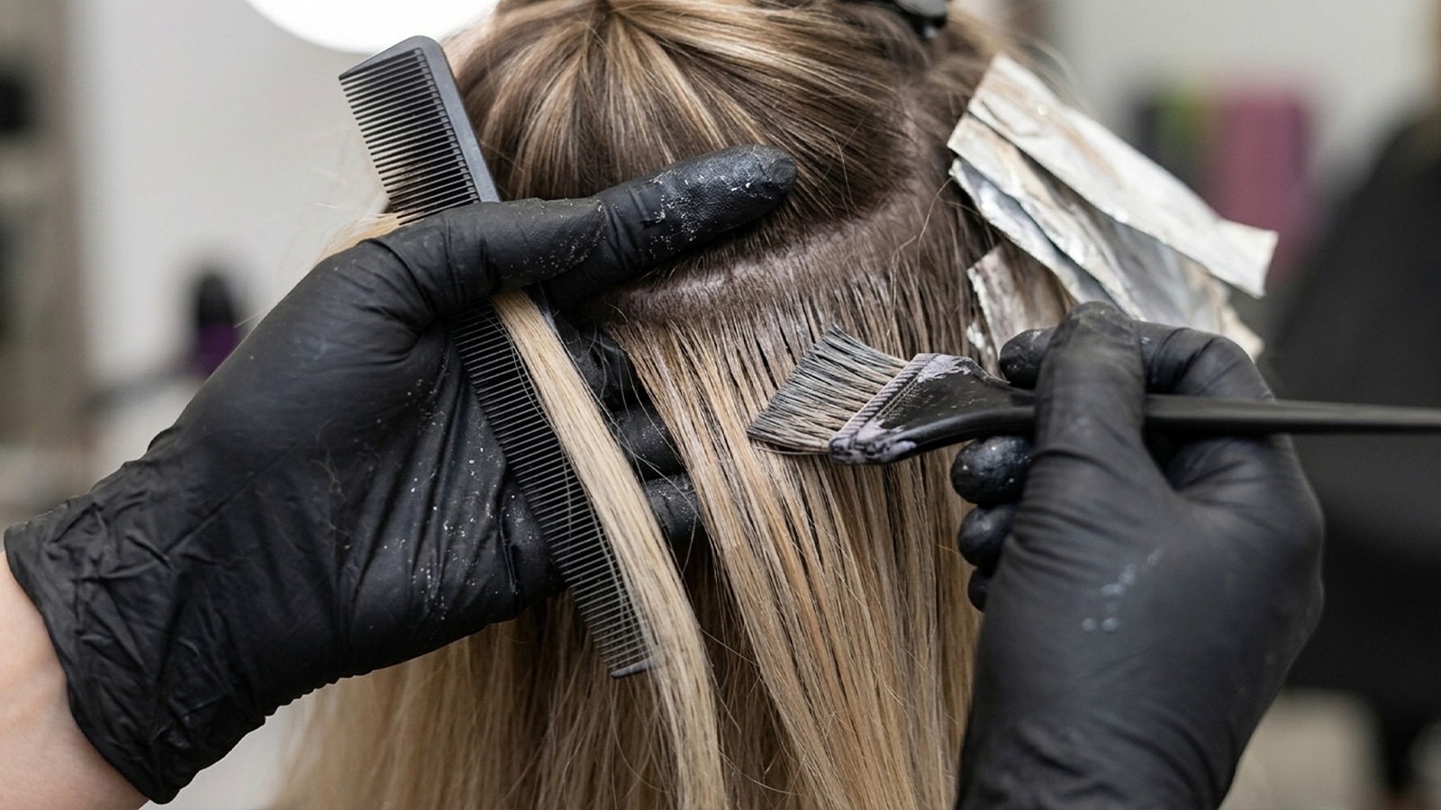 Colorist matching extension tone to balayage for a seamless blend at Trademark Salon Houston