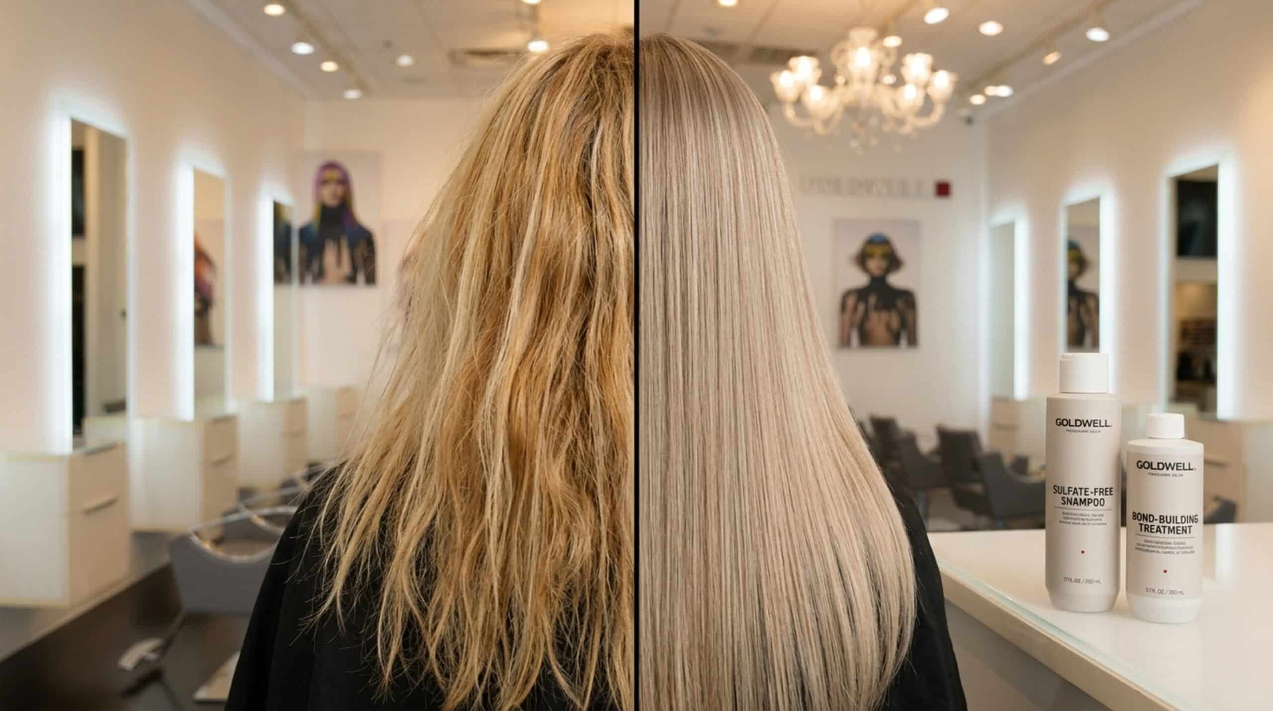 Before and after hair strand comparison showing results of hair color correction and aftercare products