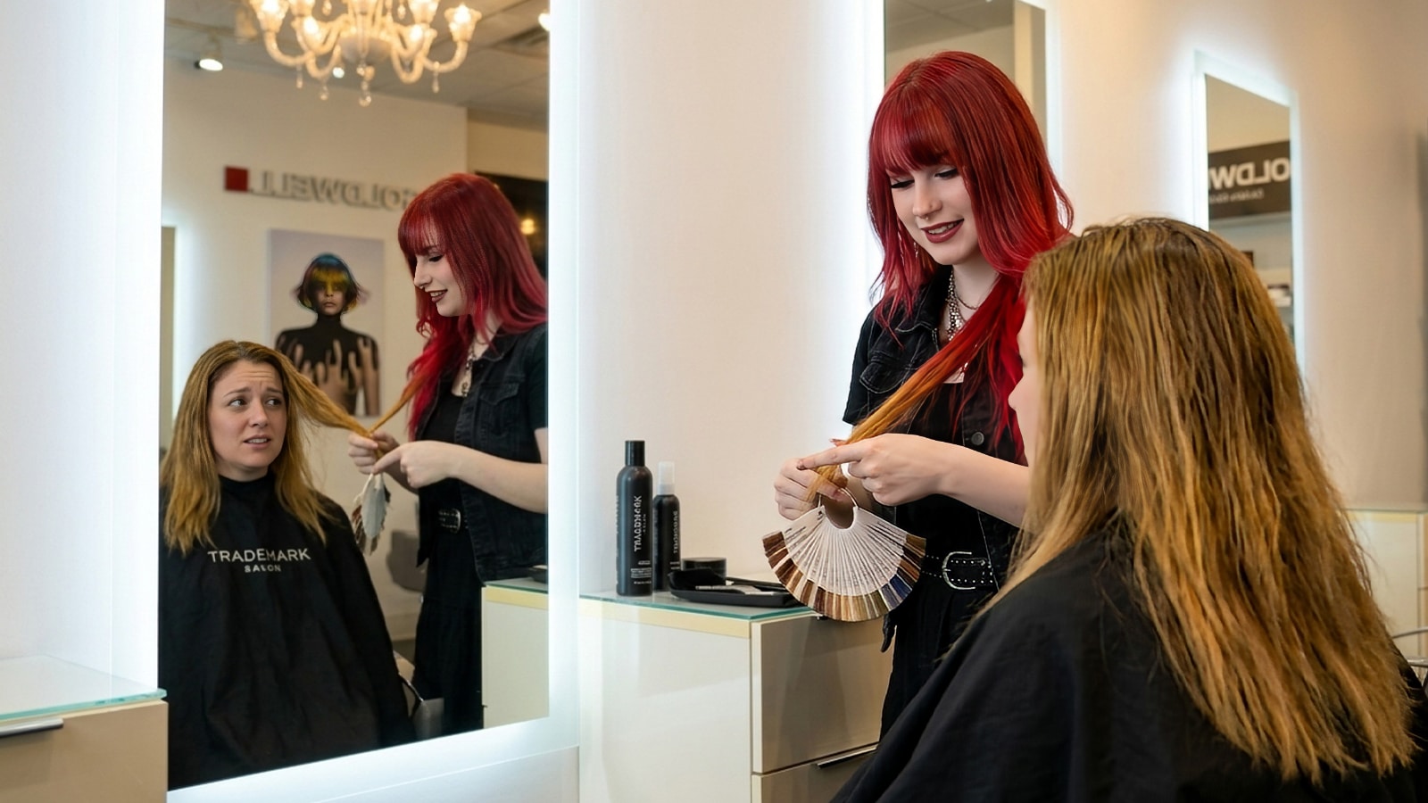 Stylist consulting client about fixing brassy box dye hair color at Trademark Salon