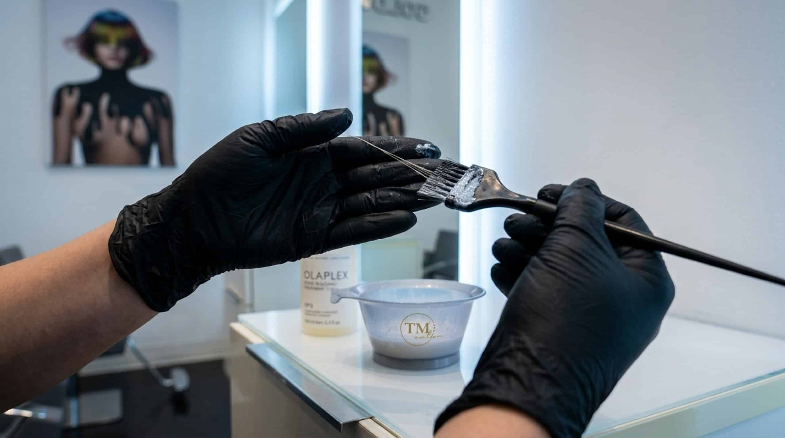 Colorist's hands performing a strand test as part of the hair color correction process