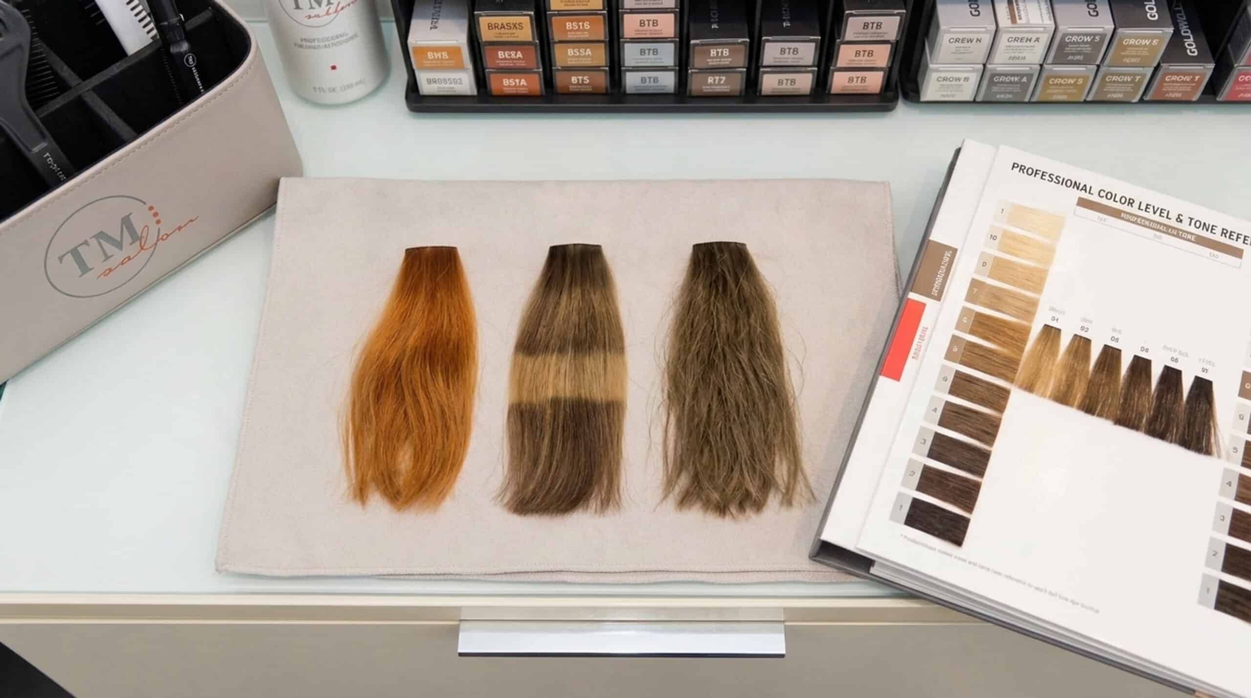 Hair swatches showing brassy tone, banding, and buildup signaling need for color correction