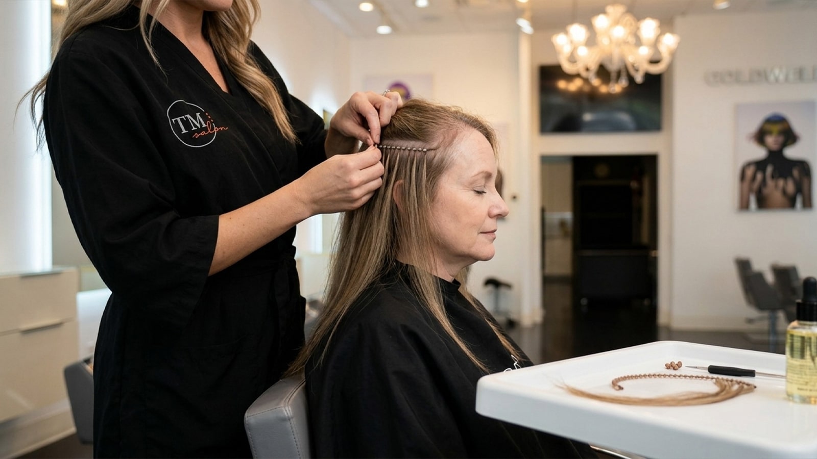 Stylist applying beaded row hair extensions close to the scalp for a client with fine thinning hair